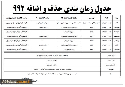 جدول زمان بندی حذف و اضافه 992