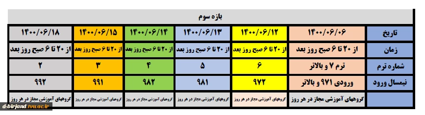 جدول زمانبندی نهایی ترم 1400-1 بازه سوم