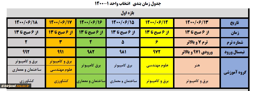 جدول زمانبندی نهایی ترم 1400-1 بازه اول