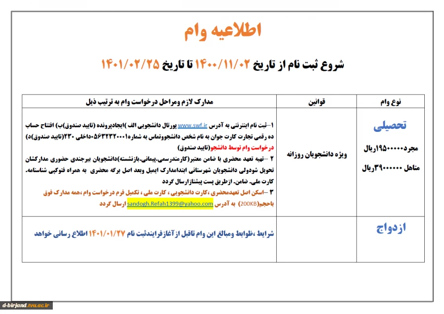 اطلاعیه وام شروع بت نام از تاریخ 1400/11/02 تا تاریخ 1401/01/25