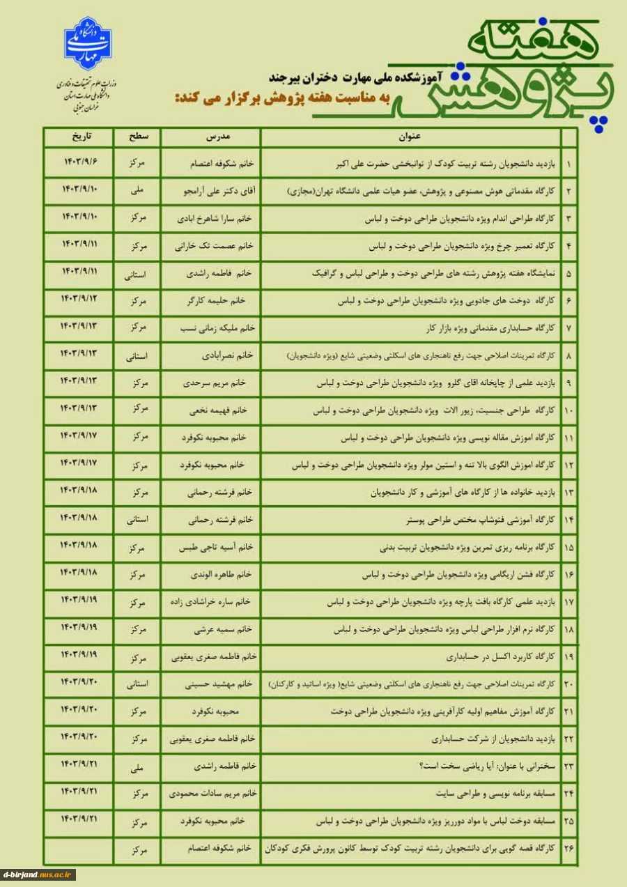 عناوین برنامه های هفته پژوهش آذرماه 1403 2